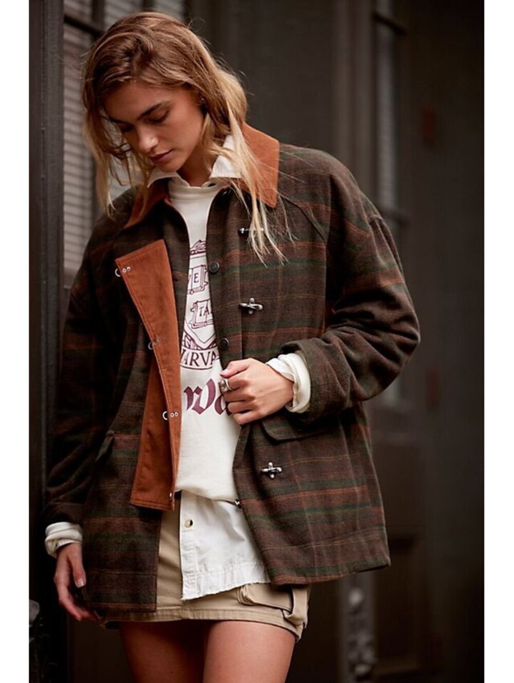 Free People We The Free Brown Plaid Wool Barn Coat Small
